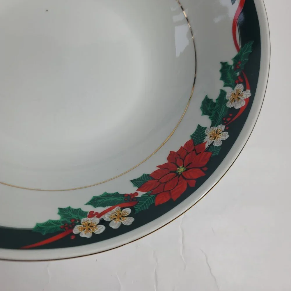 Tienshan Deck the Halls Serving Bowl Poinsettias & Ribbons Christmas China